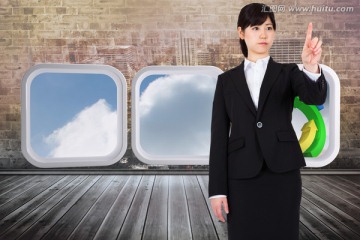女商人嚴(yán)肅的指著前方的復(fù)合形象