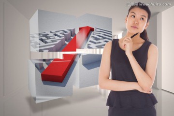 女商人拿著筆思考的復(fù)合形象
