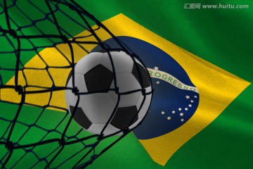 巴西国旗前撞击球网的足球