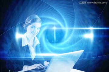 女商人使用筆記本電腦的復(fù)合形象