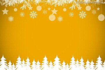 杉木林和雪花在黃色背景的小插曲