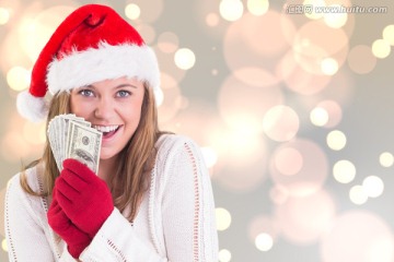 金發(fā)女人拿著紙幣的復(fù)合形象