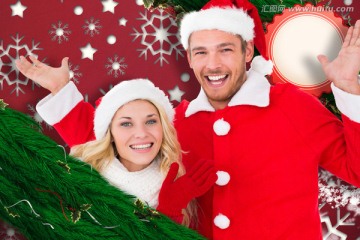 夫妇穿着圣诞装微笑的复合形象
