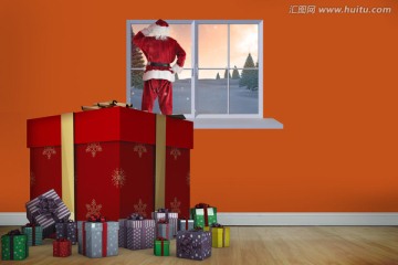圣诞老人站在礼物上的复合形象