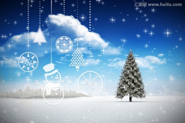 冷杉樹雪景中懸掛圣誕裝飾