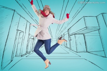 女人跳起來(lái)歡呼的復(fù)合形象