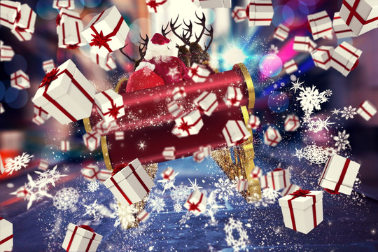 圣诞老人坐雪橇飞行的复合形象