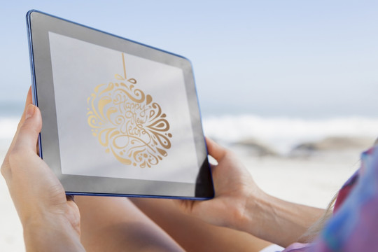 坐在沙滩上使用平板电脑的女人