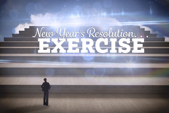 商人抬頭看階梯上的新年計劃