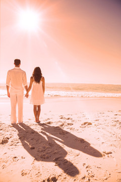 夫妇在沙滩上散步的复合形象