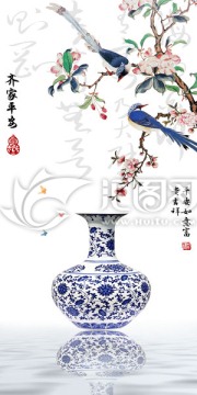 青花瓷花開富貴玄關背景墻