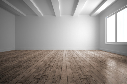 空荡荡的白色木地板的房间