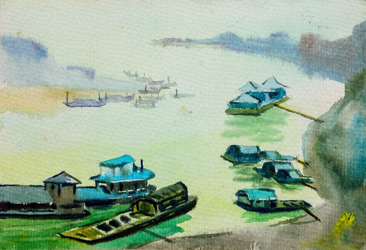水彩畫河岸風景