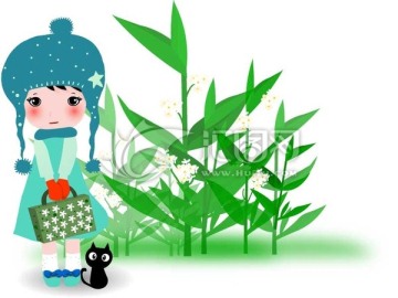 女孩和黑色貓咪