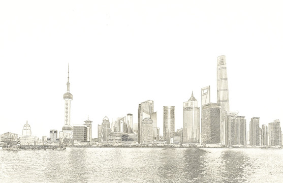上海外灘全景線描
