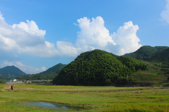 草地 竹山 石桥 蓝天白云