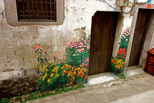 金华琐园村 墙壁涂鸦 壁画 花