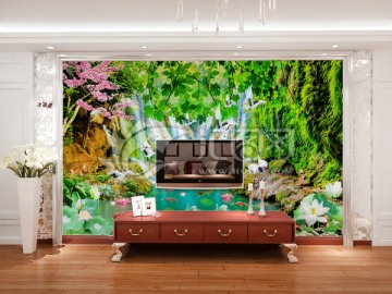 魚戲荷蓮高山流水圖