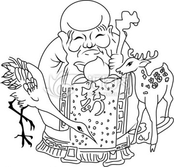 福祿壽 黑白線描鶴老人鹿