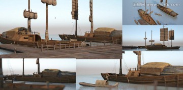 中国古典 船坞 中型船 木船