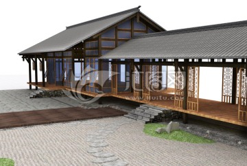 中式传统木屋廊亭模型设计