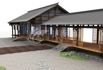 中式傳統(tǒng)木屋廊亭模型設計