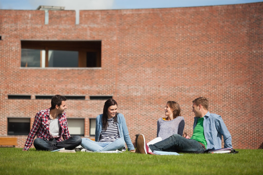 四个学生坐在草地上聊天