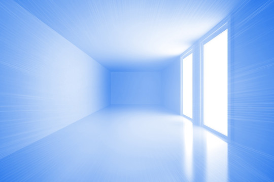 明亮的蓝色房间与窗户