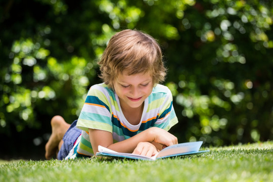 一个小男孩正在读一本书