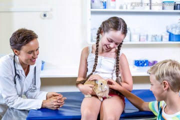 微笑着看着兔子的兽医和女孩