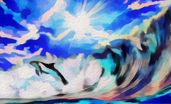 油畫大海和海豚