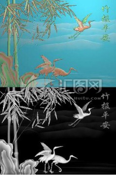 竹報(bào)平安鶴電視背景墻浮雕圖