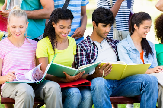 一群大学生在校园里看书
