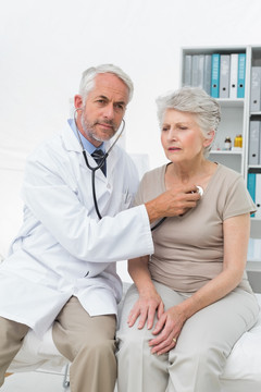 男医生用听诊器检查老人的心跳