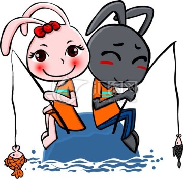 插画情侣兔子在幸福的钓鱼