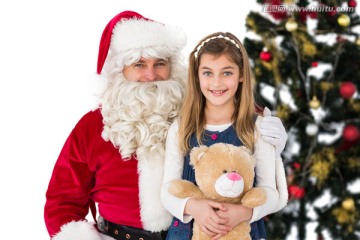 抱着小熊的女孩和身边的圣诞老人