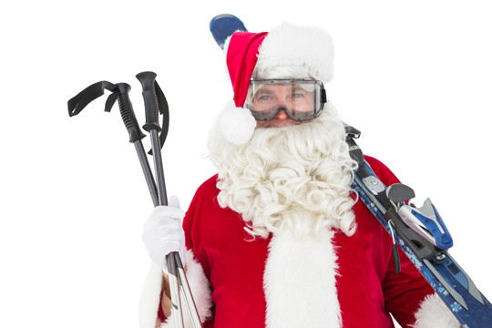 拿着滑雪工具的圣诞老人