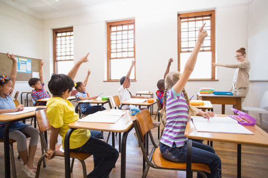 小学生在小学课堂上举手