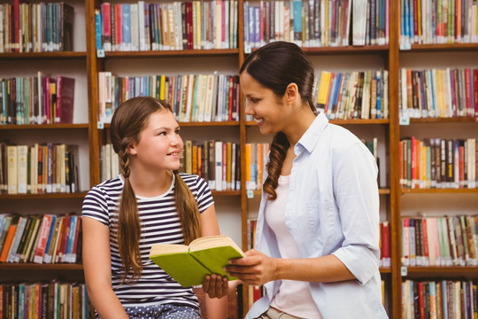 女教师和小女孩在图书馆看书