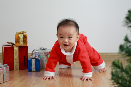 穿圣诞服装愉快木地板爬行婴儿