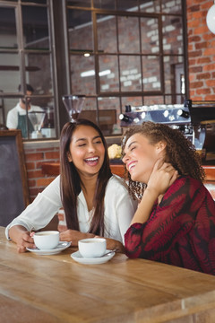 两个微笑的朋友在咖啡店喝咖啡