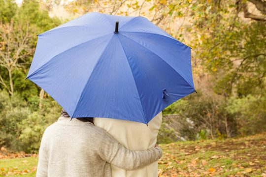 撑着蓝色雨伞的夫妇
