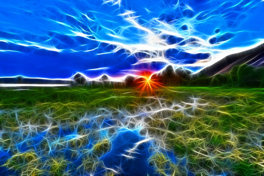 電腦畫 濕地日落