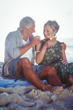 坐在沙滩上喝香槟的老夫妇