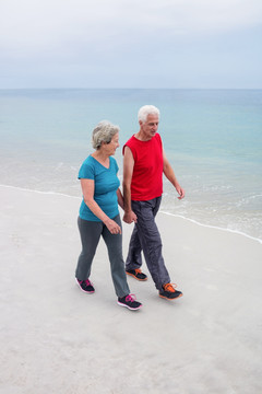 一对老夫妇走在沙滩上
