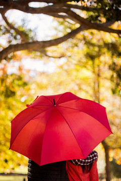 撑着雨伞在公园里的夫妇