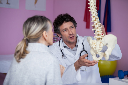 物理治疗师解释病人脊柱模型