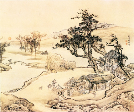 袁耀 山水圖 農戶小橋