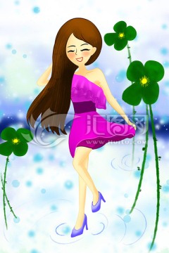 手繪插畫女孩 玩水的女孩
