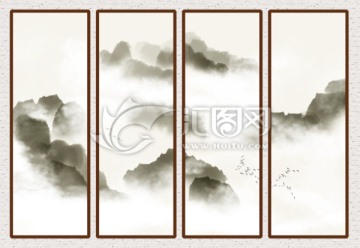四聯(lián)水墨山水畫